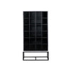Straight-on front view showcasing the symmetrical vertical grid of the black-framed glass doors and the airy metal base