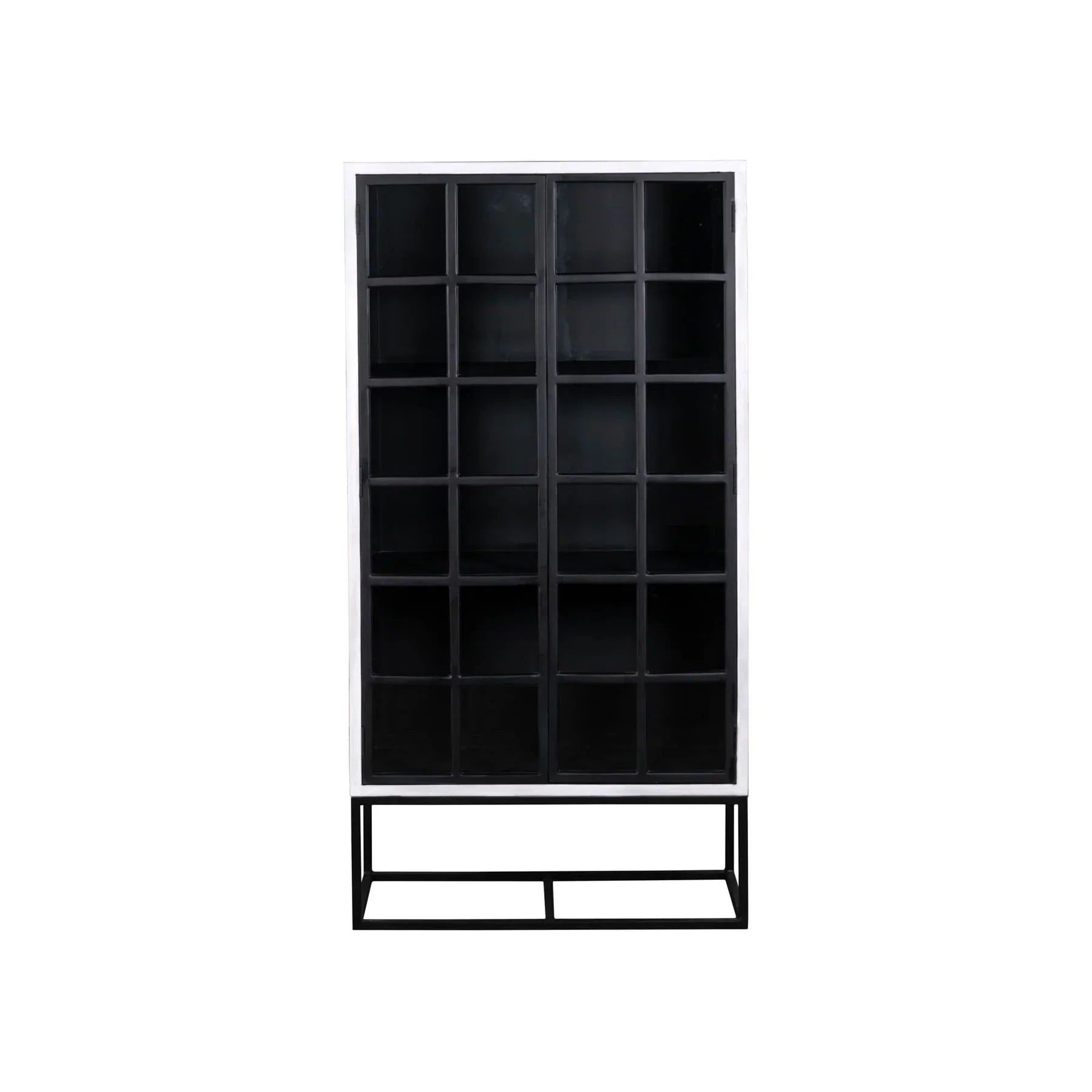 Three-quarter perspective view of the Caged tall cabinet featuring a sleek white exterior black metal-framed glass doors and a minimalist black metal base