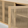 Detailed view of the sturdy cylindrical tapered wood leg and the underside of the cabinet frame
