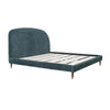 Three-quarter perspective view highlighting the integrated wooden slat support system and the slim upholstered side rails