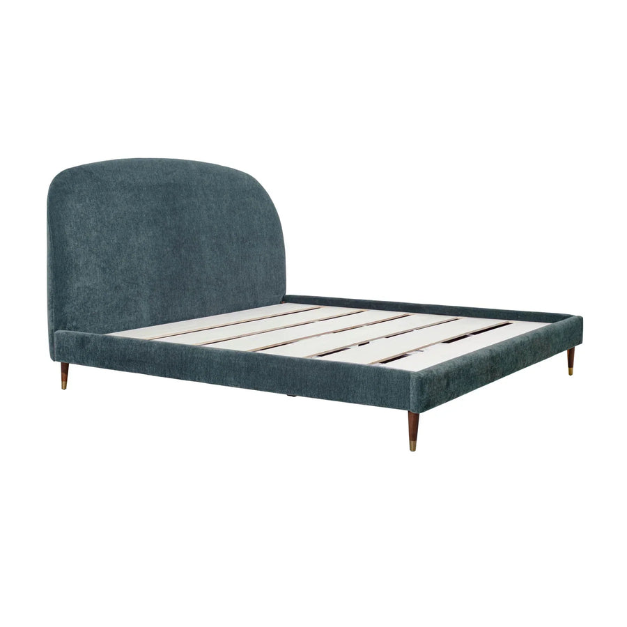 Three-quarter perspective view highlighting the integrated wooden slat support system and the slim upholstered side rails