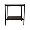 Straight-on front view showcasing the symmetrical black metal frame and the functional lower storage tier