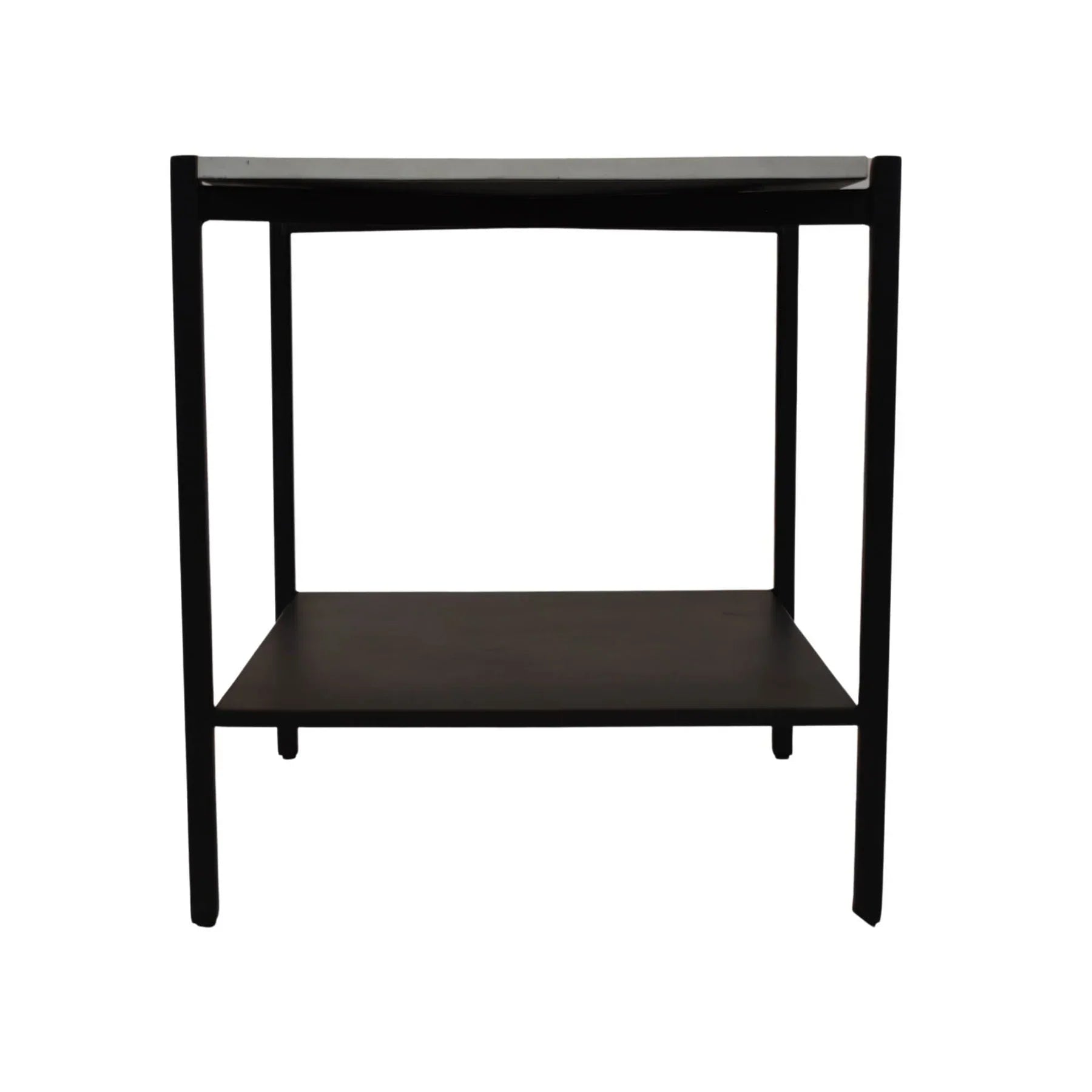 Three-quarter view of a square side table featuring a white mosaic terrazzo top and a black metal frame with a lower storage shelf