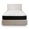 Straight-on front view of the Norell bed styled with a mattress highlighting its functional silhouette
