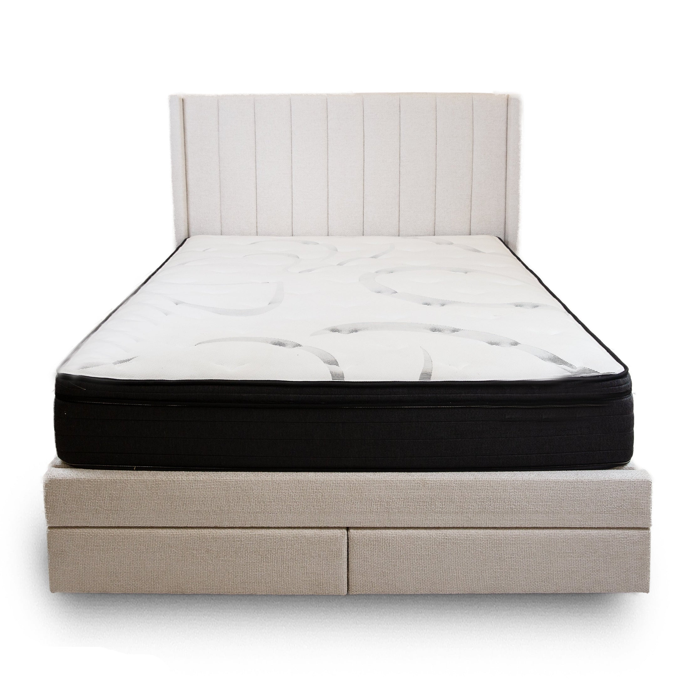 Front view of the Norell storage bed featuring a neutral woven fabric finish and a vertical channel tufted headboard
