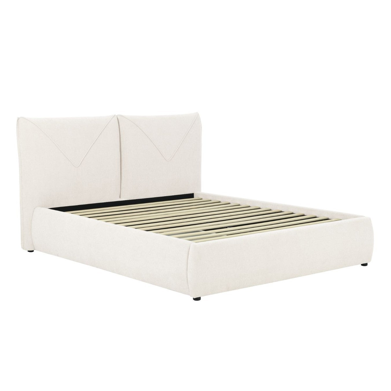 Front view of the Aici storage bed featuring a cream fabric finish and a unique V-shaped geometric stitched headboard