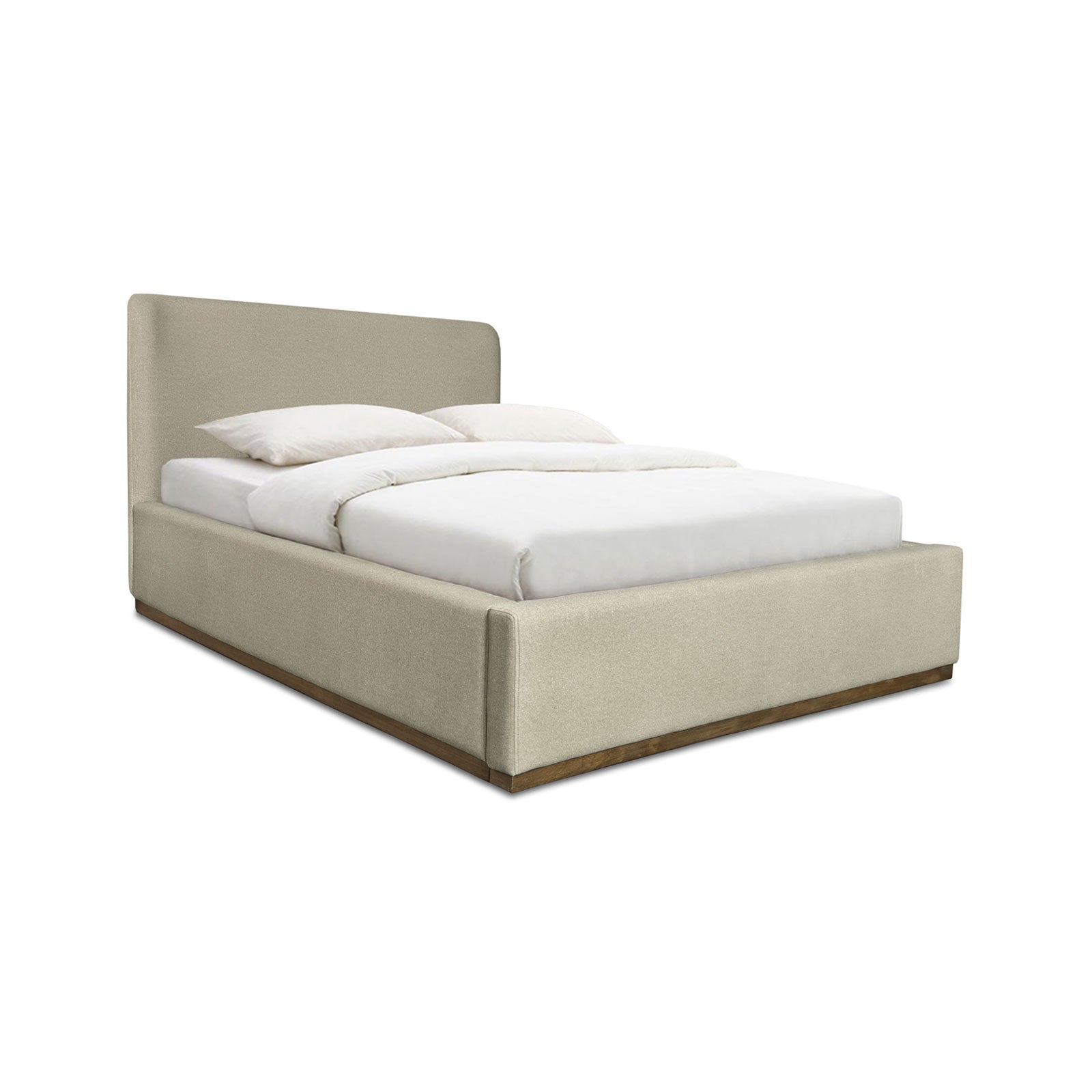 Three-quarter perspective view highlighting the soft sandstorm velvet upholstery and the warm tones of the wooden perimeter base
