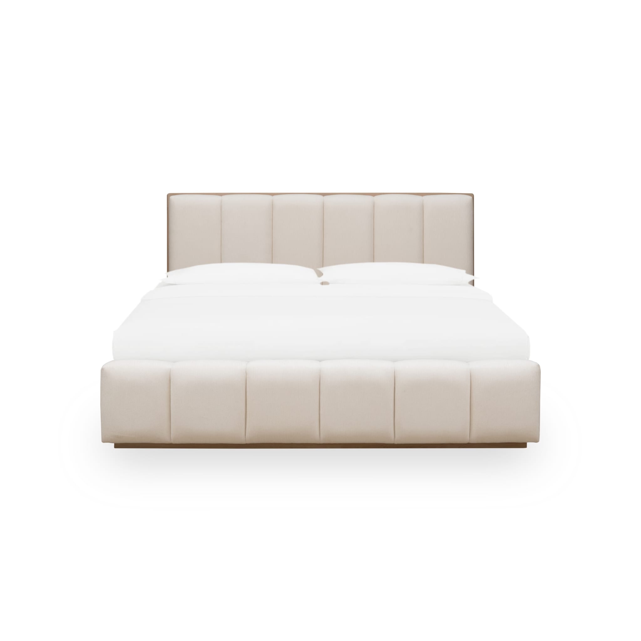 Front view of the Bjorn upholstered platform bed featuring vertical channel tufting in cotton fabric with a natural chai wood base