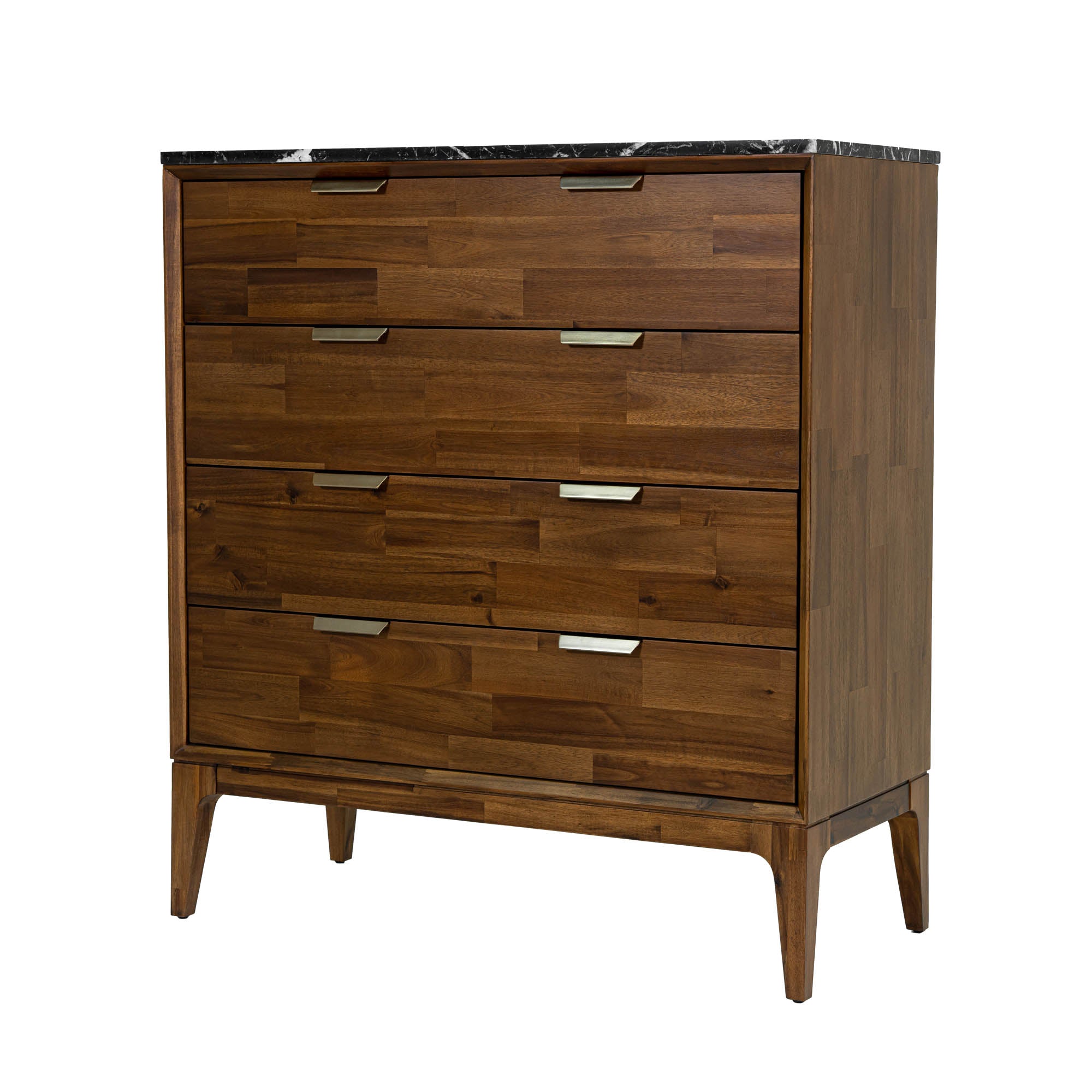 Front view of the Allure 4-drawer vertical chest featuring a rich walnut wood finish and a striking black faux marble top surface