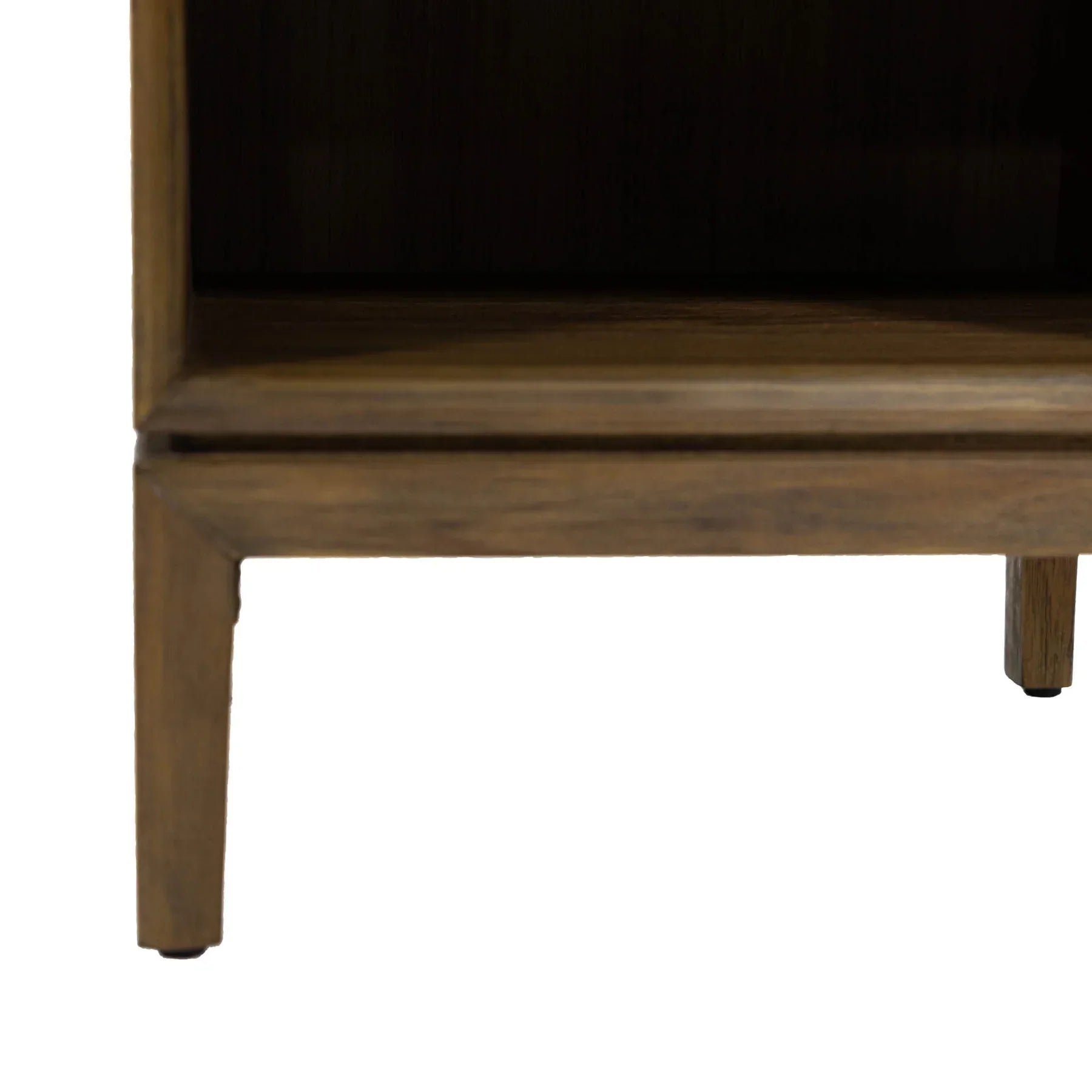 Front view of the West nightstand featuring a rich walnut finish, a single drawer with vertical ribbed detailing, and a lower open storage shelf