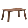 Three-quarter perspective view showcasing the architectural tapered legs and warm wood tones of the Bessa table