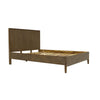Three-quarter perspective view highlighting the architectural slatted headboard and clean-lined platform frame
