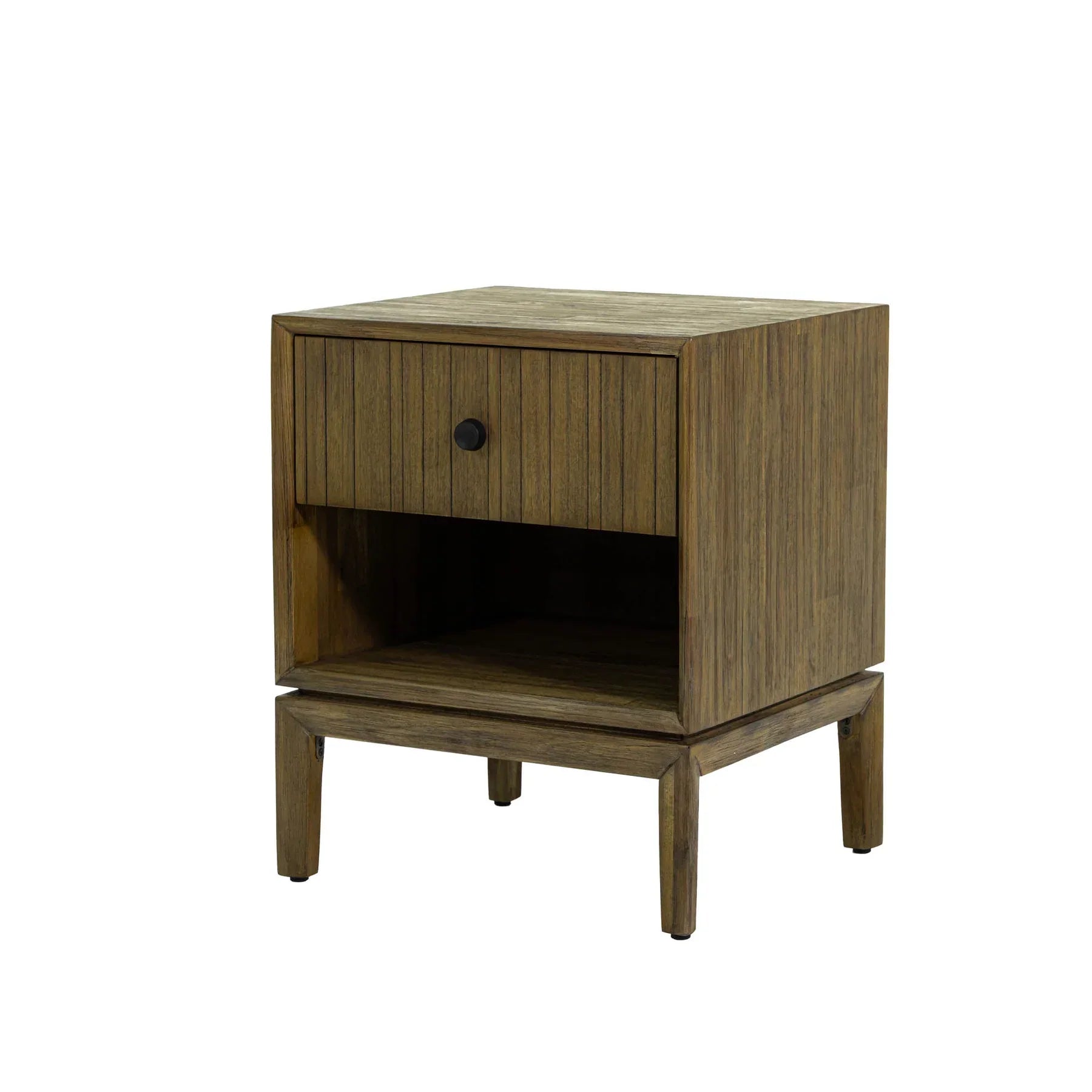 Front view of the West nightstand featuring a rich walnut finish, a single drawer with vertical ribbed detailing, and a lower open storage shelf