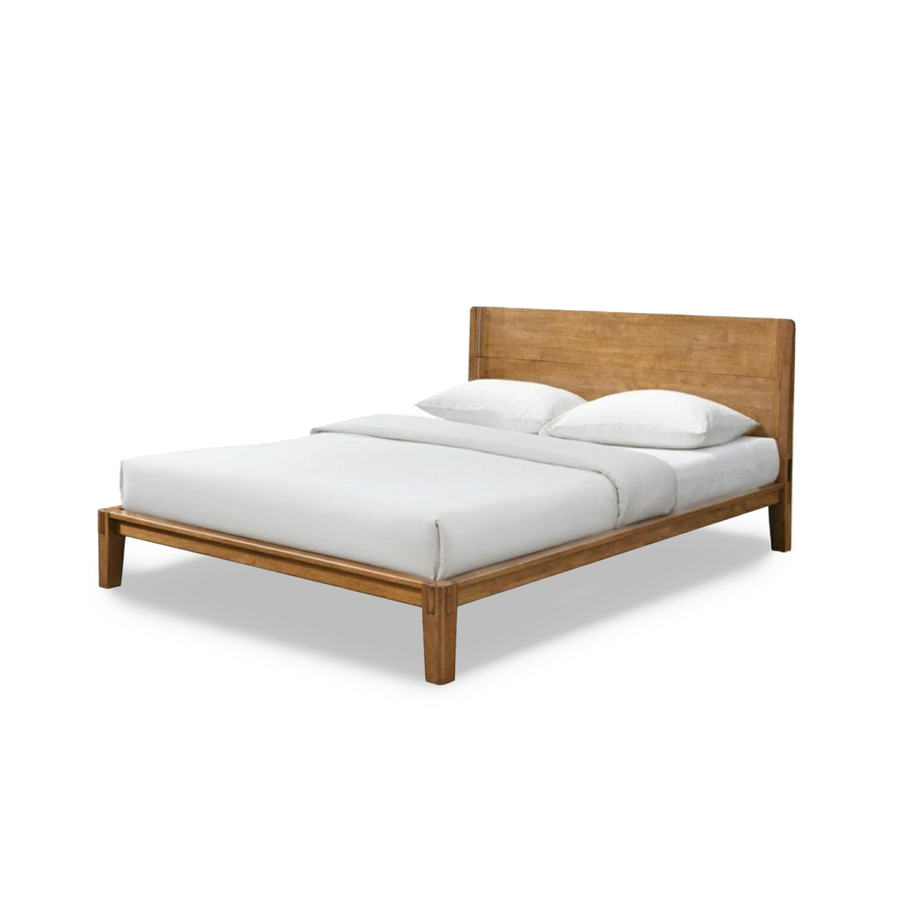 Three-quarter perspective view highlighting the rich walnut grain and minimalist platform silhouette