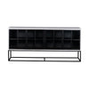 Straight-on front view showcasing the symmetrical grid pattern of the black-framed glass cabinet doors and open metal base