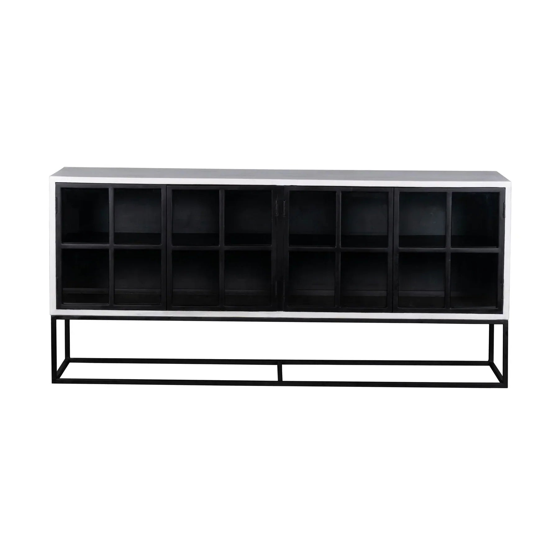 Three-quarter perspective view of the Caged sideboard featuring a sleek white frame, black metal-framed glass doors, and a minimalist black metal base