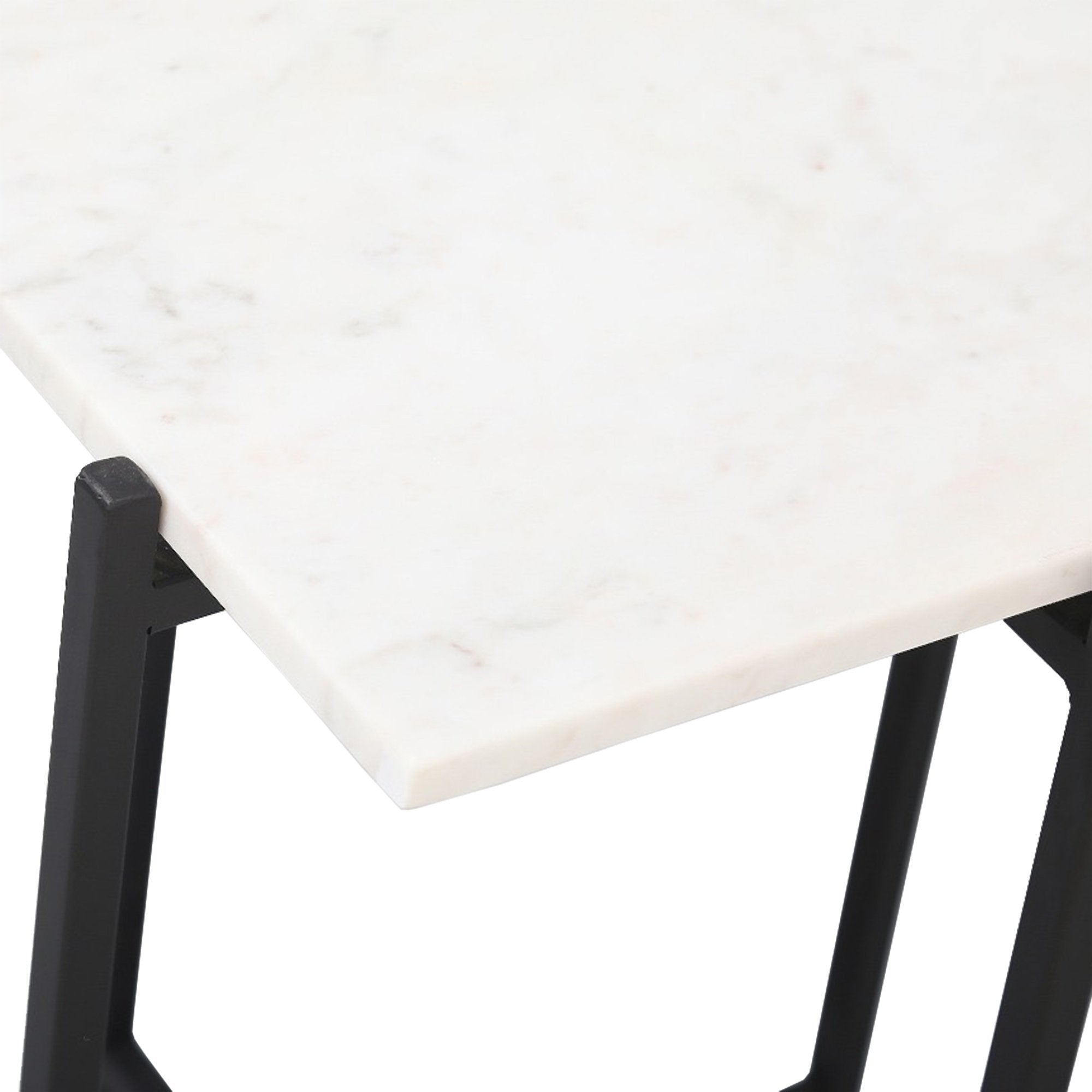 Front view of the Function side table featuring a rectangular white marble top supported by a slim minimalist black metal frame