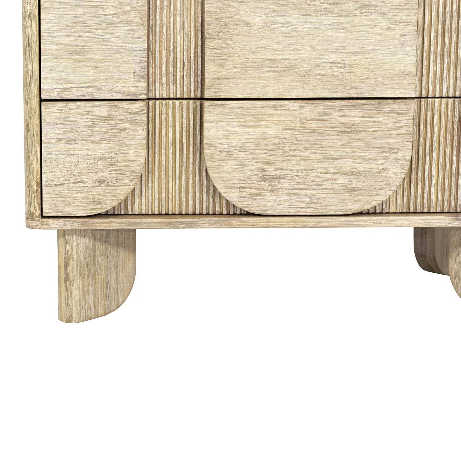 Front view of the Haru 5-drawer vertical chest featuring a light white oak finish and unique fluted facade with soft rounded paneling
