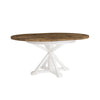 Three-quarter perspective view highlighting the circular wood tabletop and the architectural textured fluting of the white pedestal base