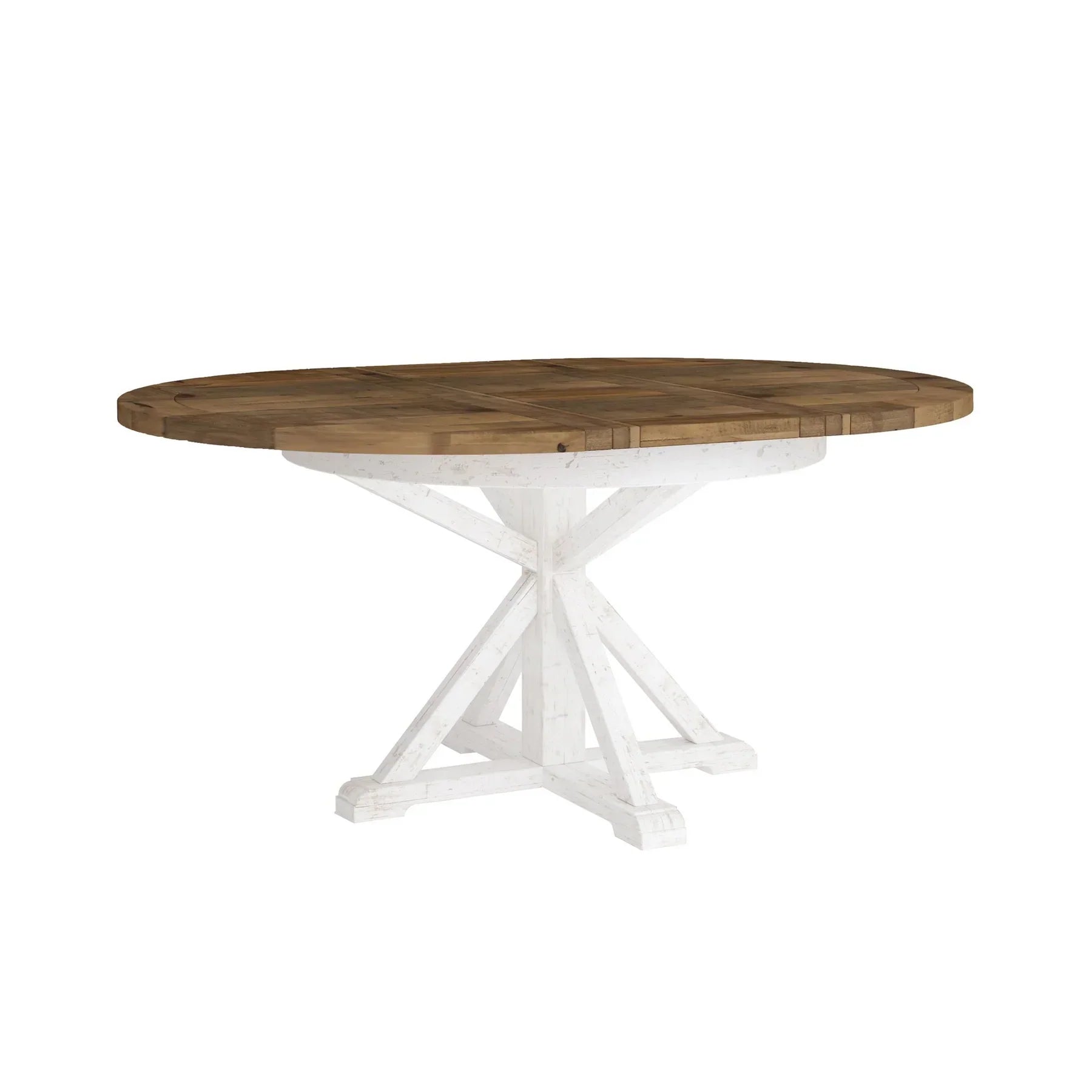 Front view of the Provence round extension dining table featuring a natural wood tabletop and a white-washed fluted pedestal base