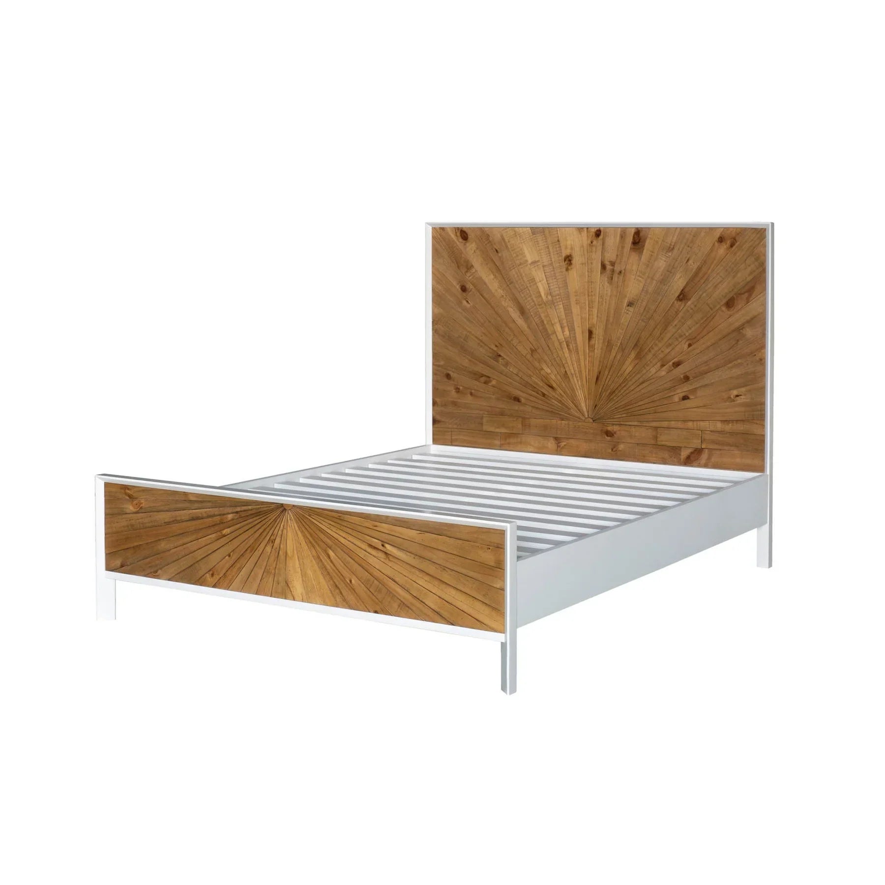 Front view of the Casablanca platform bed featuring a striking natural wood sunburst inlay on the headboard and footboard