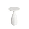 Perspective view showcasing the vertical ribbed texture and slender neck of the contemporary white pedestal table