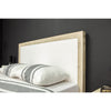 Side profile detail highlighting the slim architectural curve of the bouclé wingback headboard