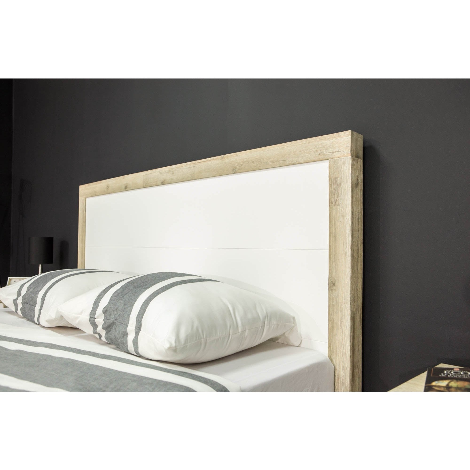 Front view of the Ava king platform bed featuring a tall upholstered headboard in a textured white bouclé fabric