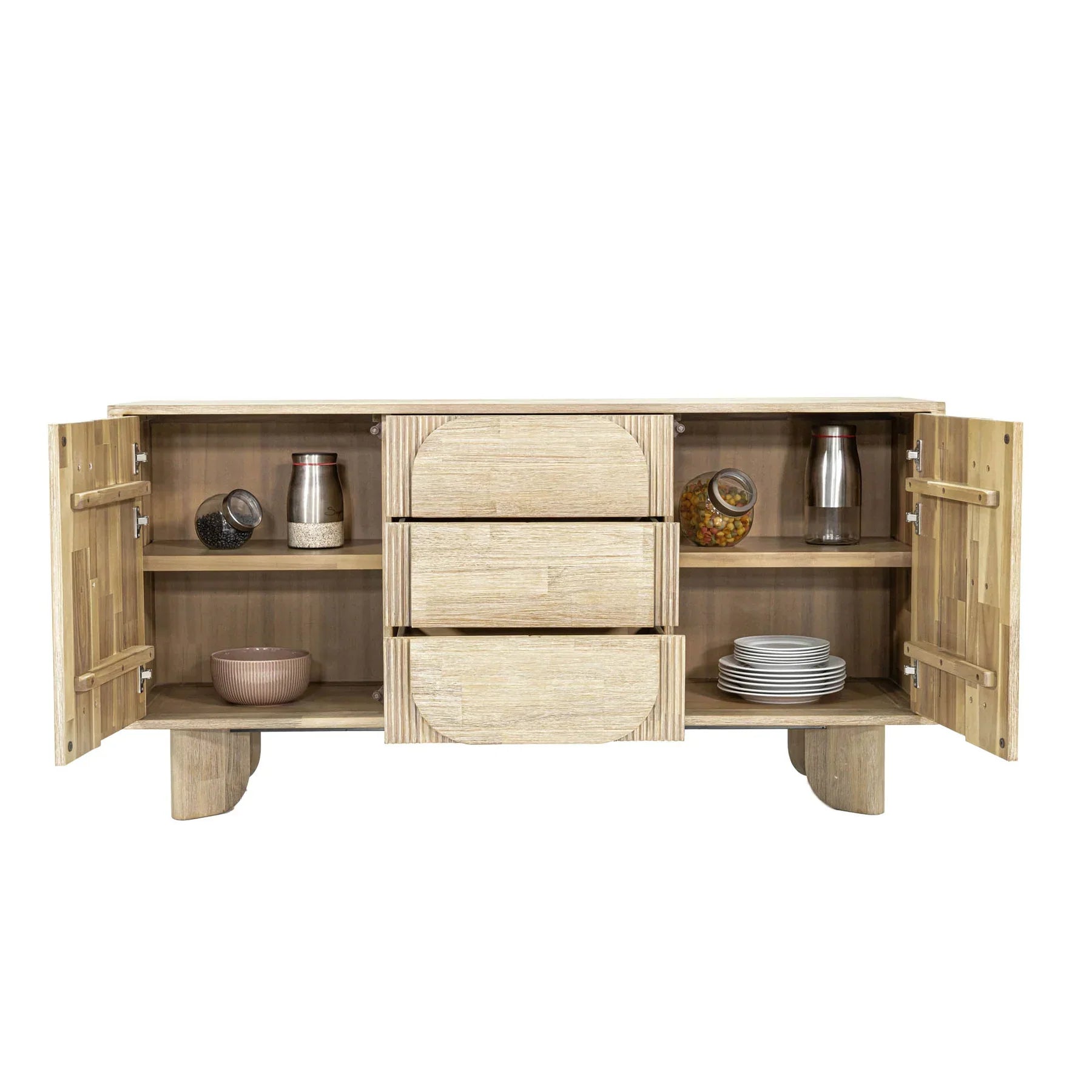 Front perspective view of the Haru sideboard in a light oak finish featuring unique rounded door and drawer panels with a minimalist plinth base