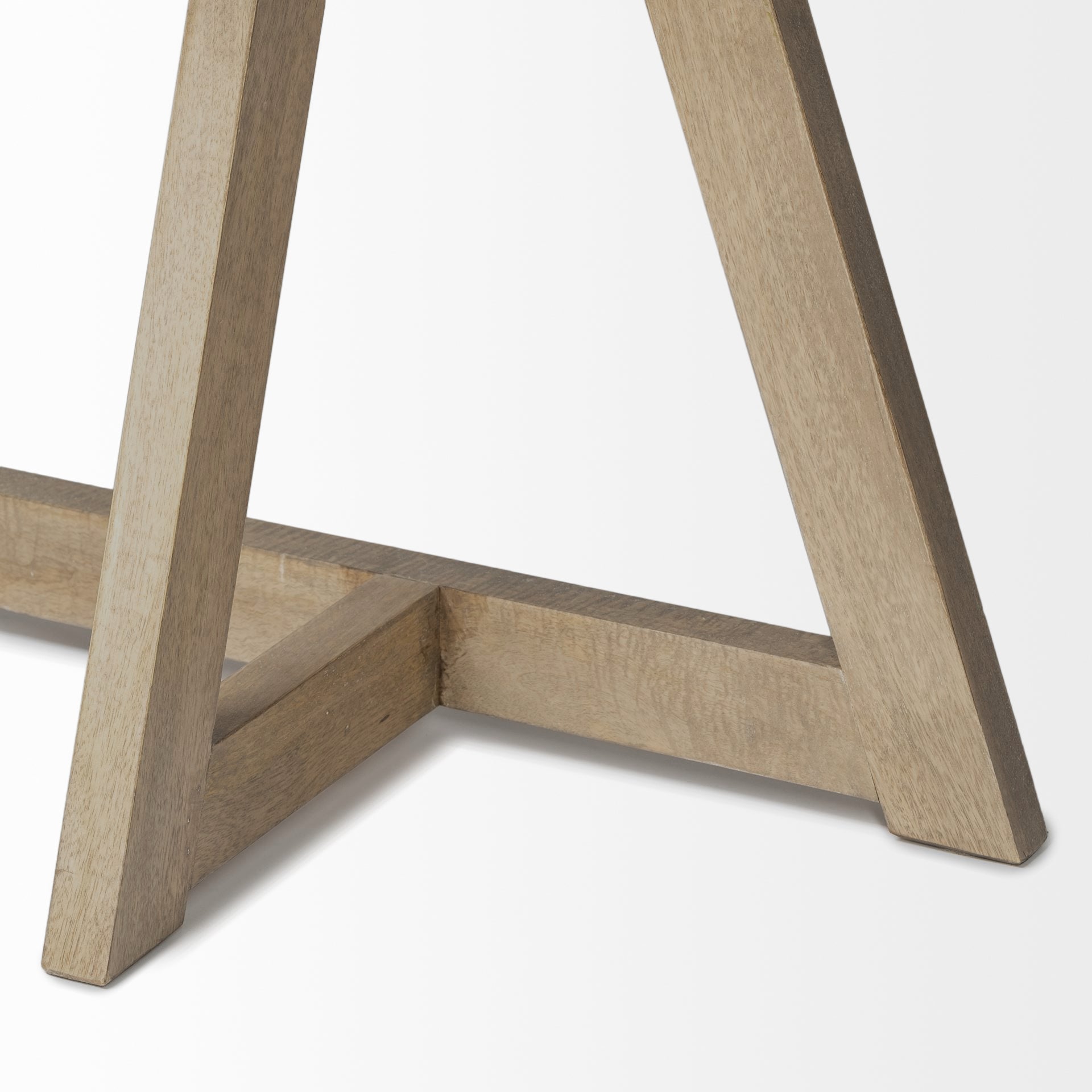 Front view of the Jennings console table in brown wood featuring a minimalist architectural design with unique Y-shaped legs