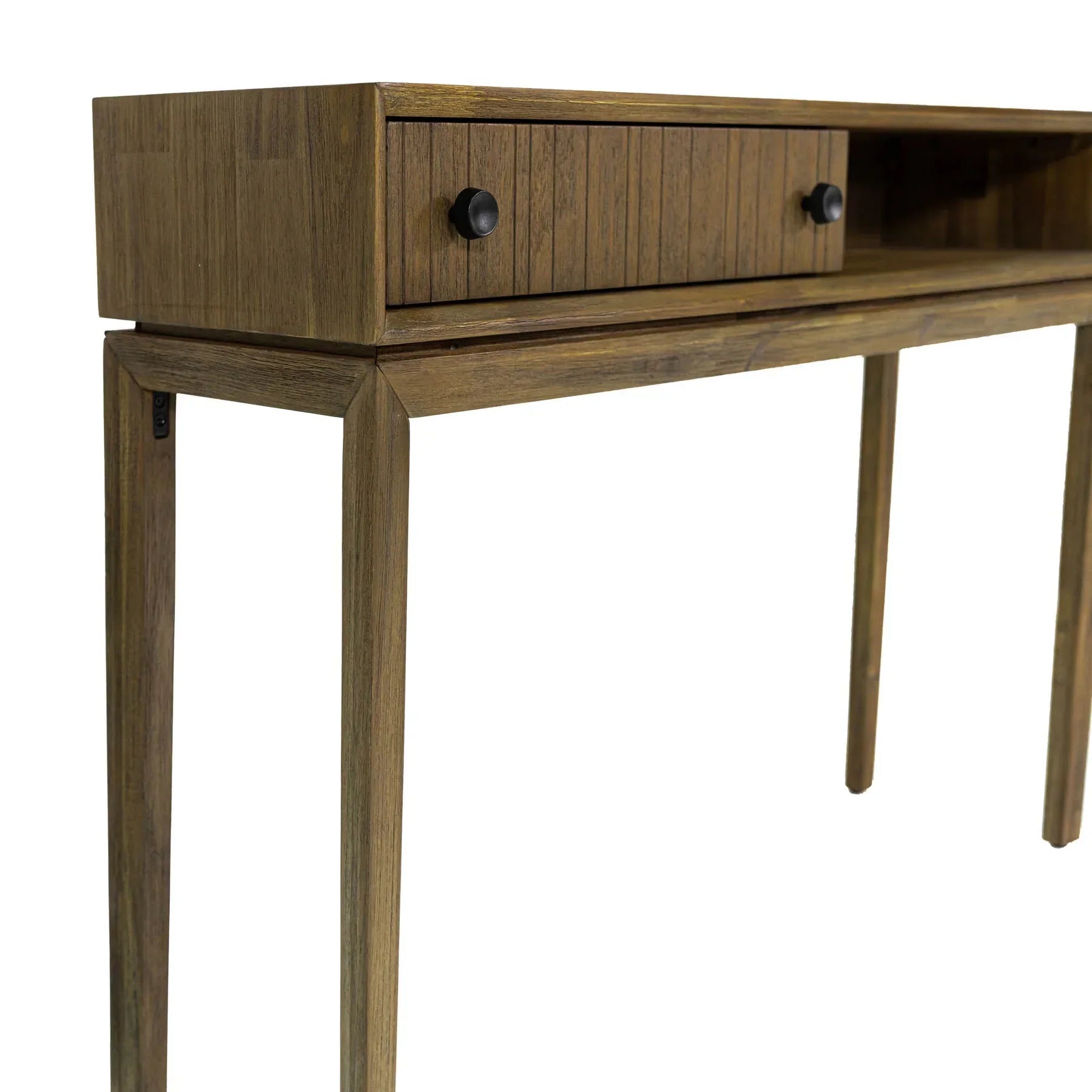 Front view of the West console table in a rich wood finish featuring a slim architectural frame, an integrated drawer with fluted texture, and an open storage cubby