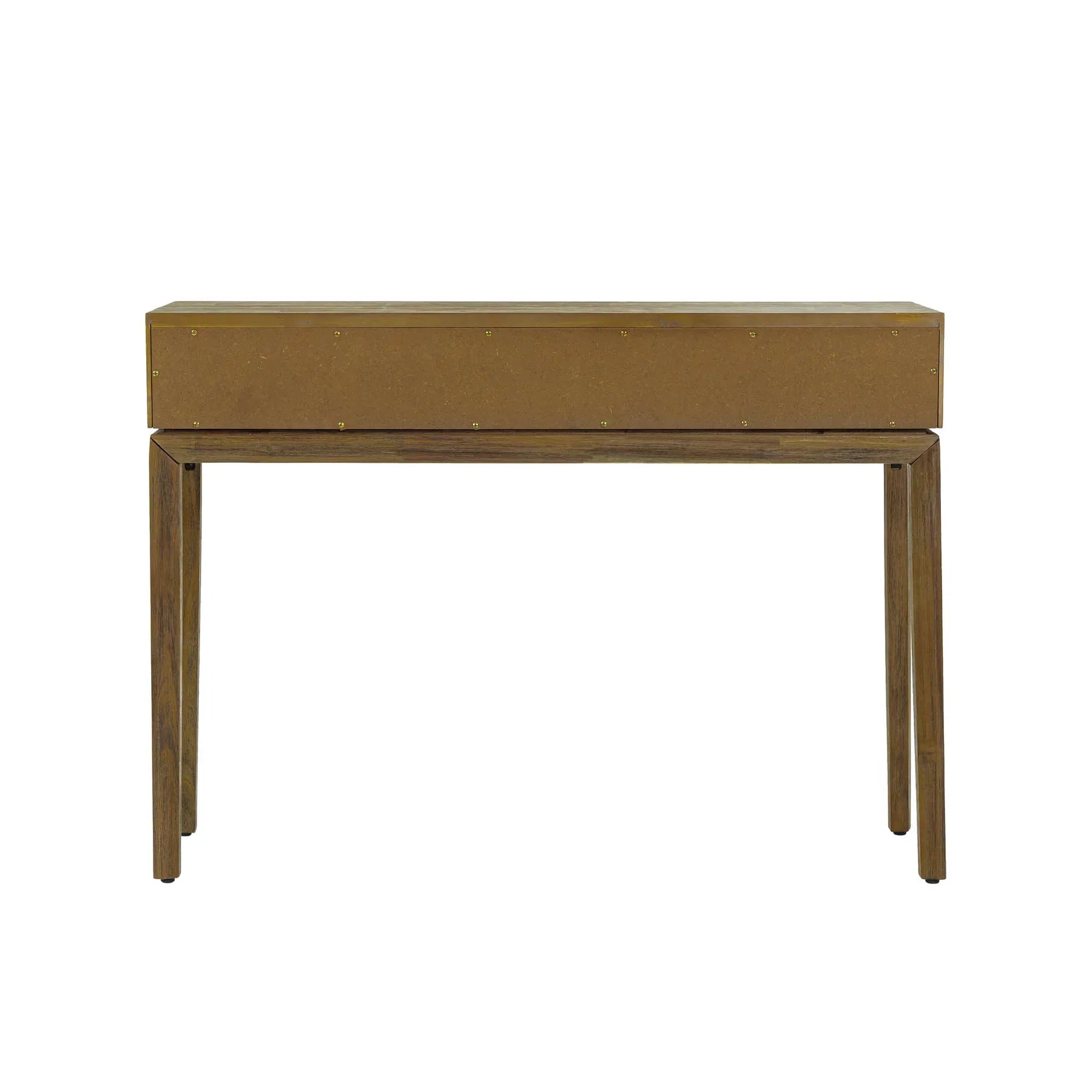Front view of the West console table in a rich wood finish featuring a slim architectural frame, an integrated drawer with fluted texture, and an open storage cubby