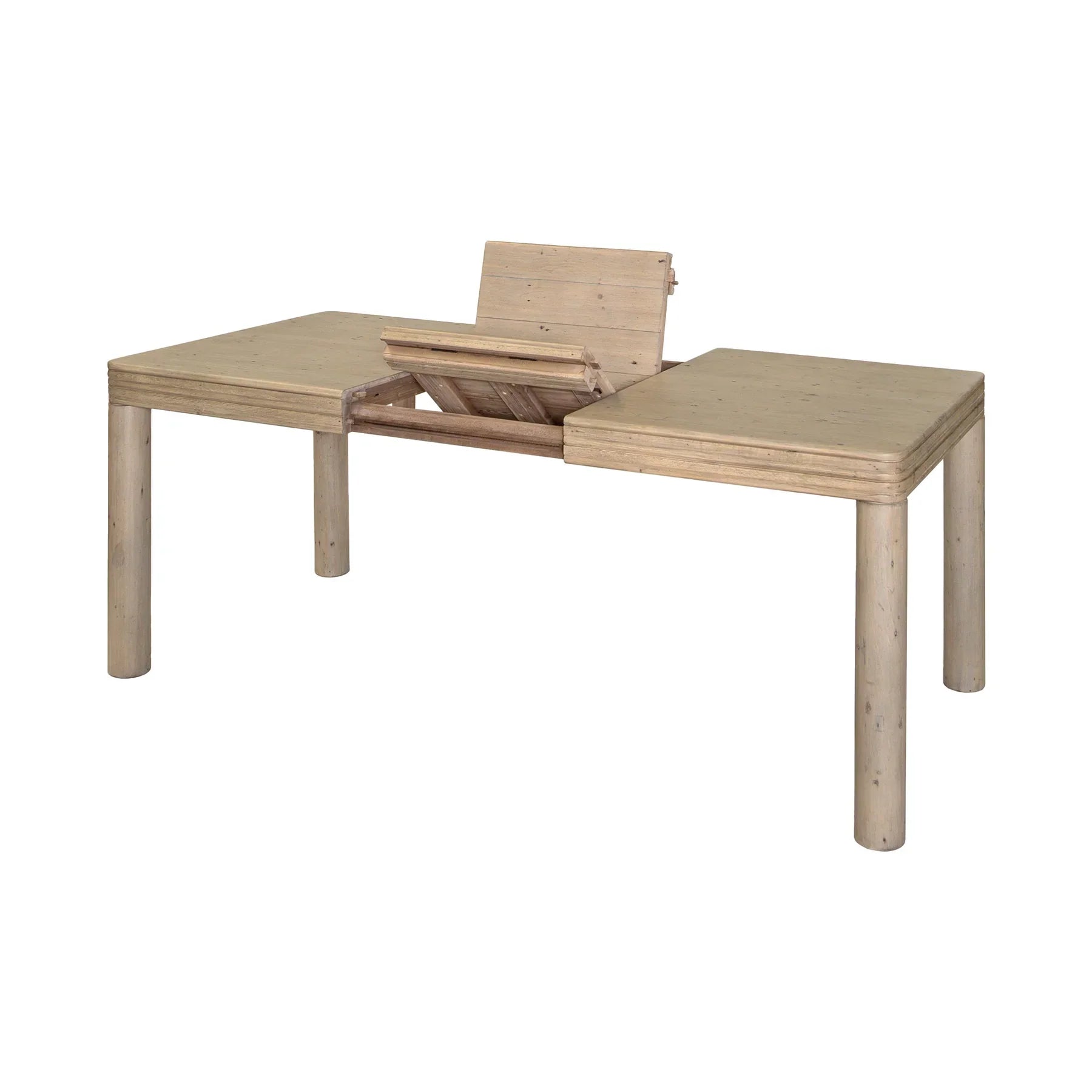 Front view of the Opera extension dining table in a light wood finish featuring thick cylindrical ribbed legs