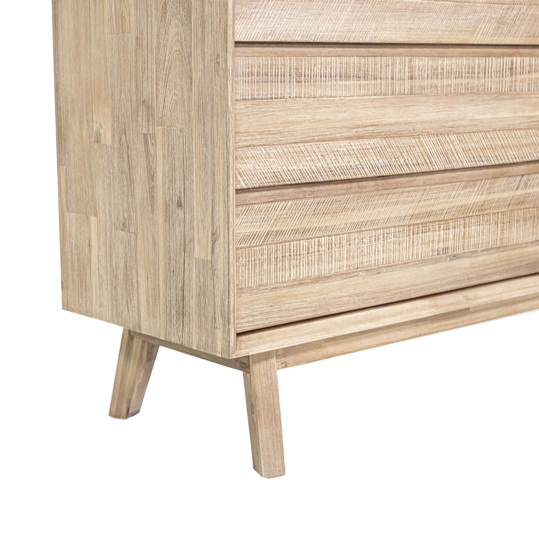 Front view of the Gia 6-drawer dresser featuring a light natural wood finish with a horizontal planked design and minimalist handle-free drawers
