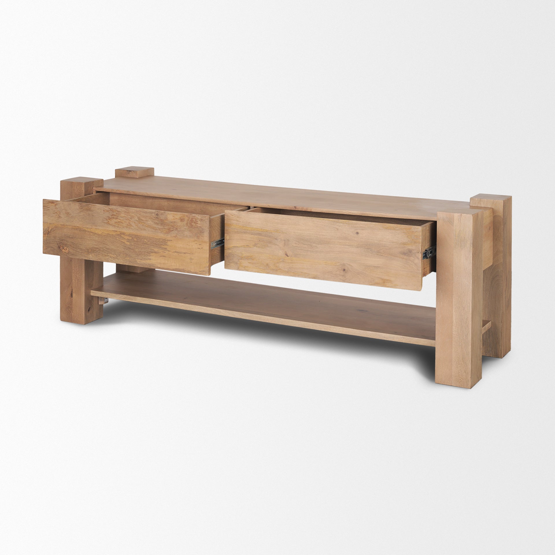 Front view of the Beth media console in light brown solid wood featuring dual storage drawers and an open lower shelf with a chunky architectural frame