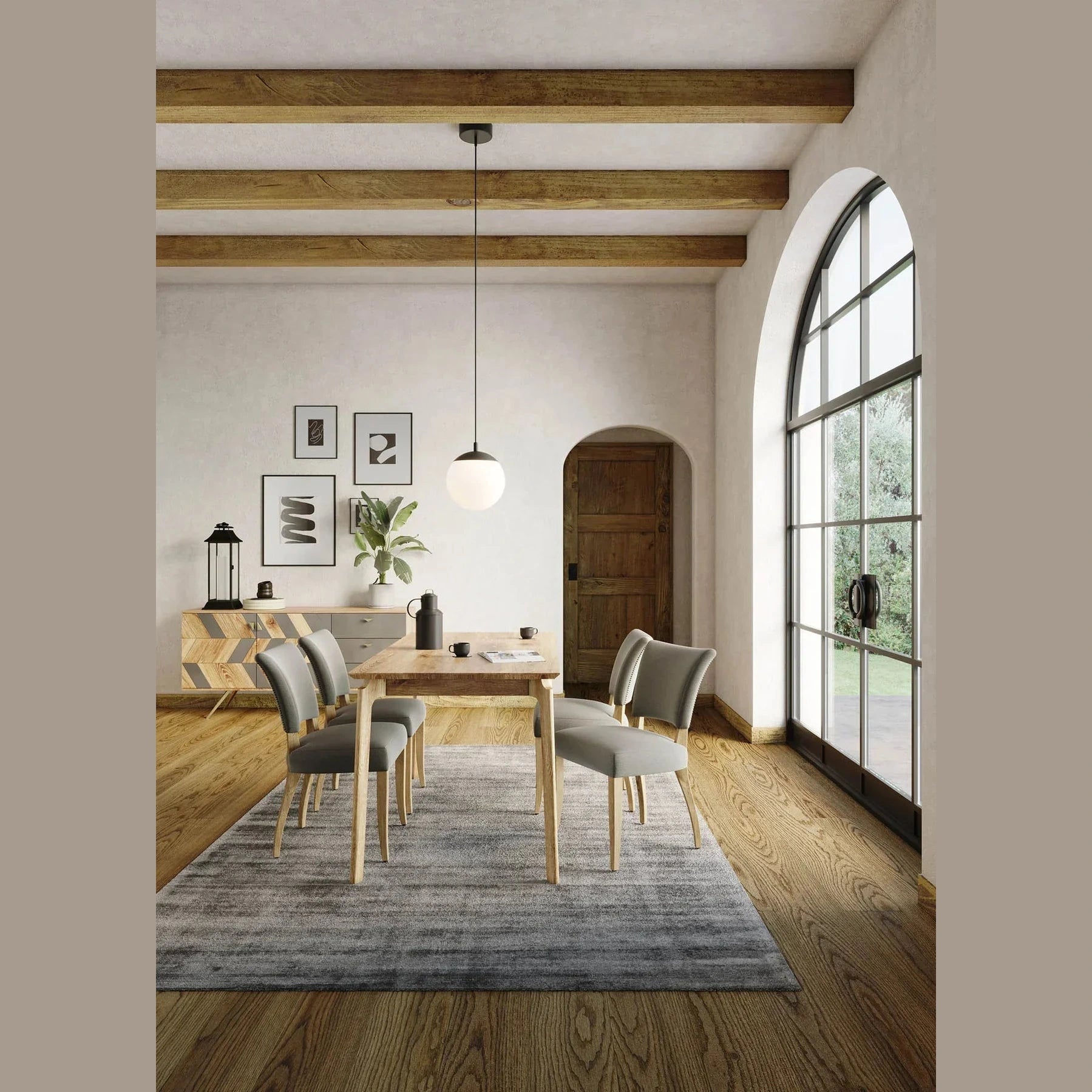 Front view of the Kenzo dining table in a light natural mango wood finish featuring a minimalist rectangular top and rounded tapered legs