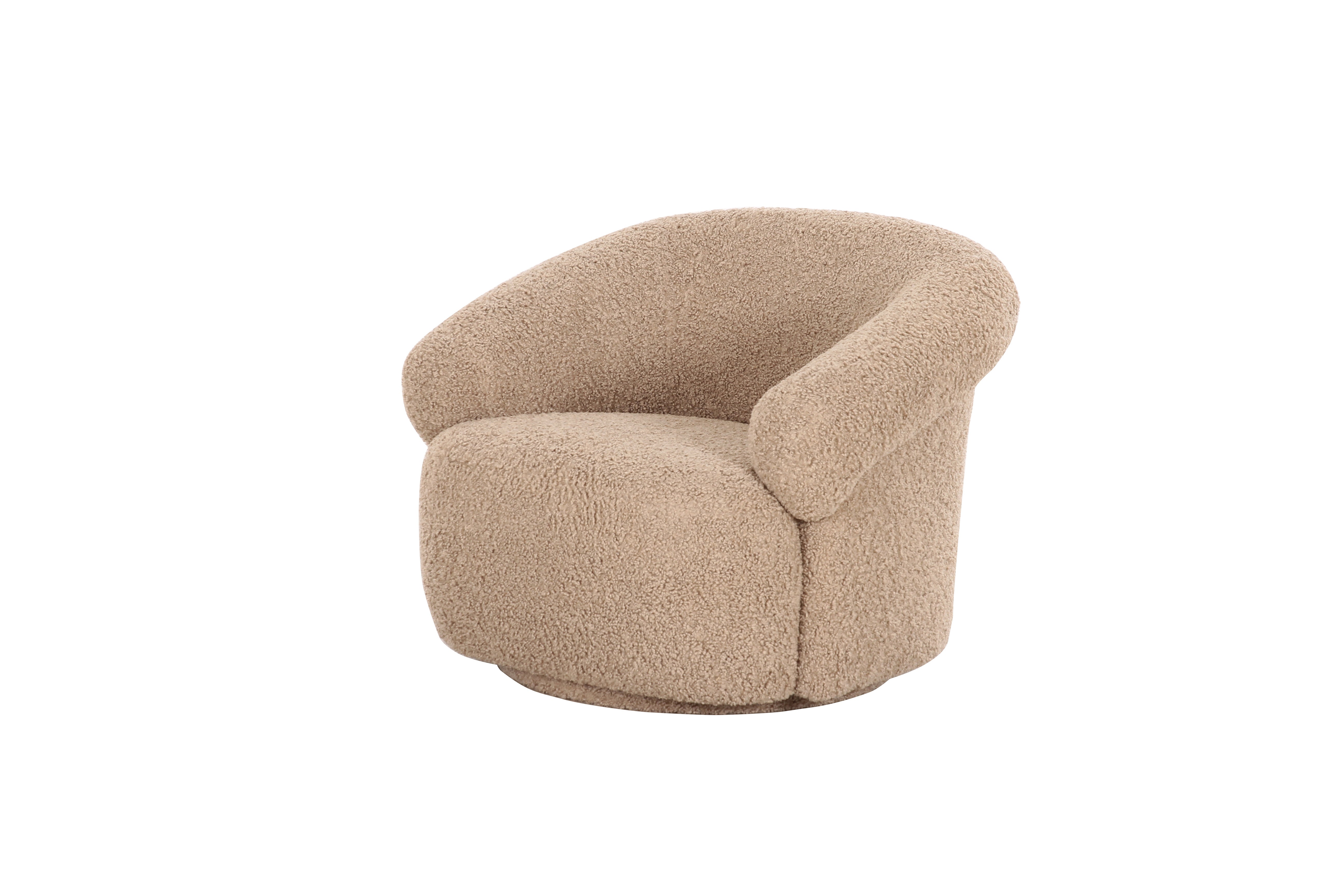 Front view of the Mollis swivel accent chair in beige bouclé featuring a rounded sculptural silhouette and plush integrated armrests