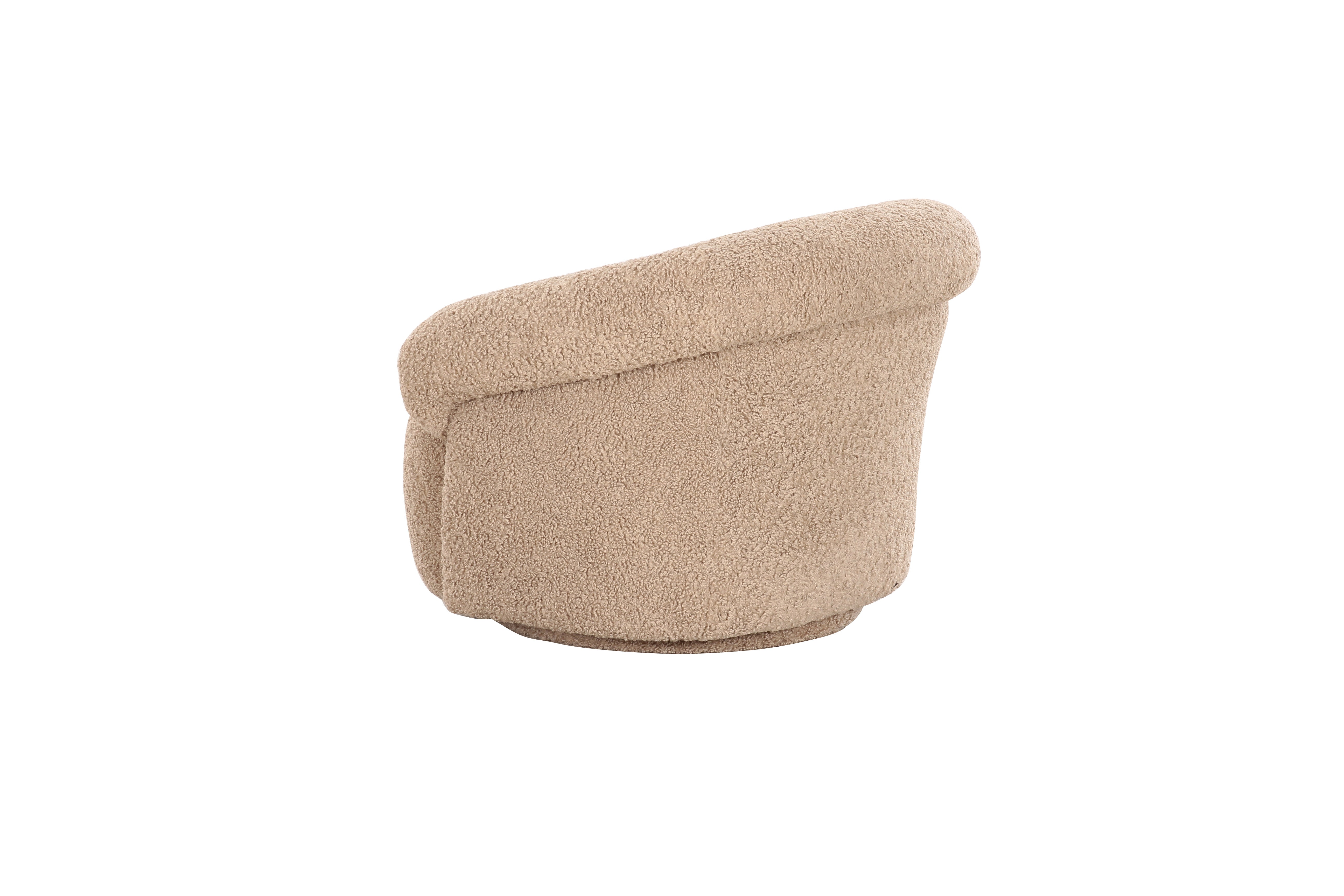 Front view of the Mollis swivel accent chair in beige bouclé featuring a rounded sculptural silhouette and plush integrated armrests