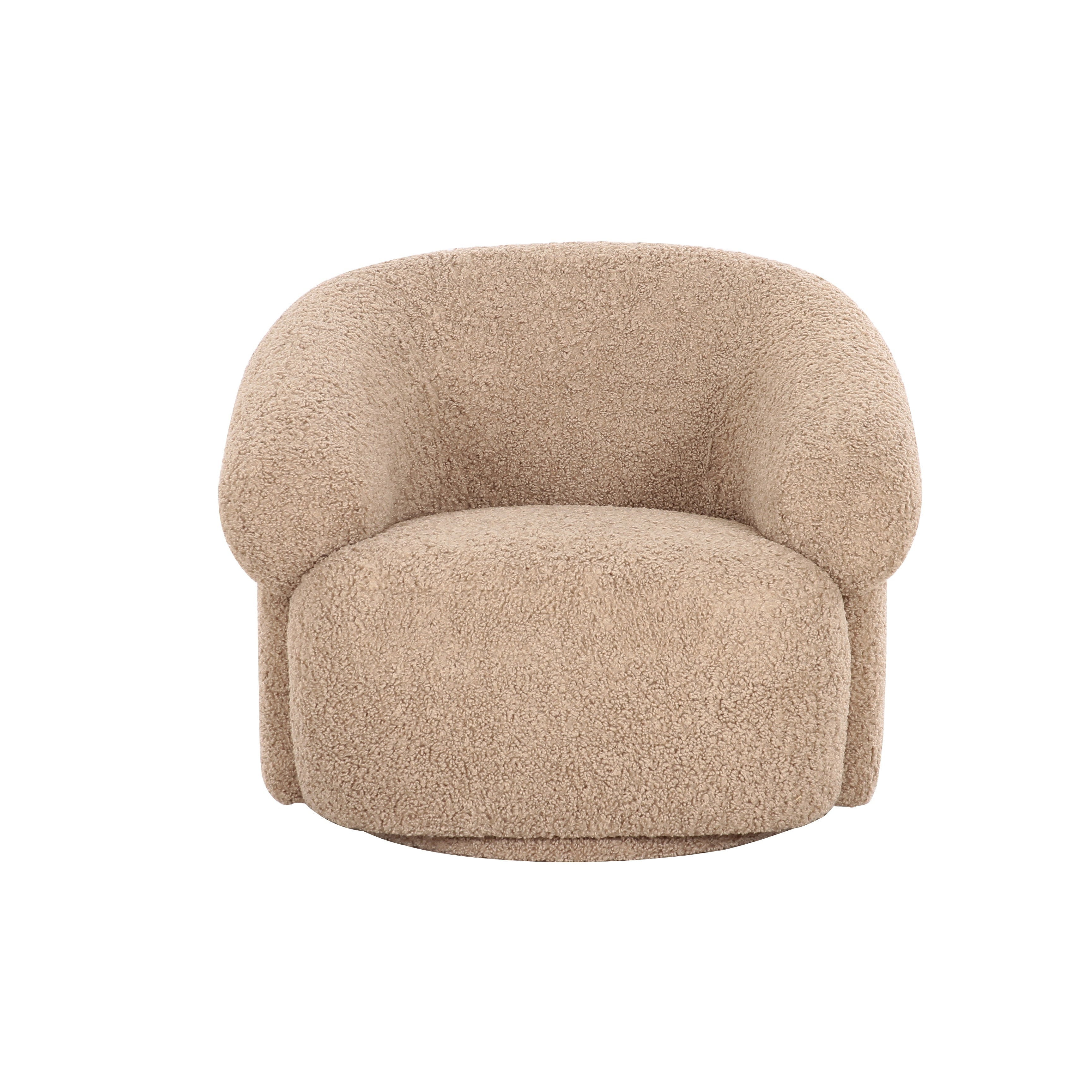 Front view of the Mollis swivel accent chair in beige bouclé featuring a rounded sculptural silhouette and plush integrated armrests