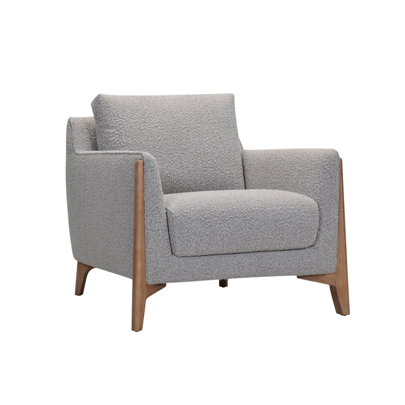 Angled view of Molly boucle accent chair in grey with wood legs