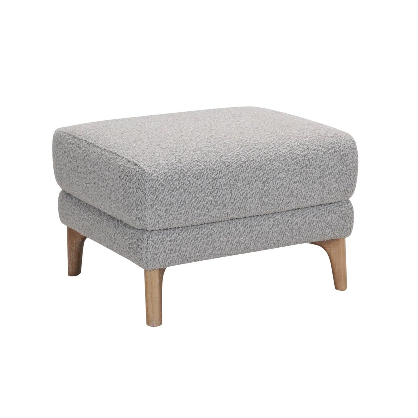 Front view of the Molly ottoman in grey bouclé featuring a tiered double-cushion design and flared natural wood legs