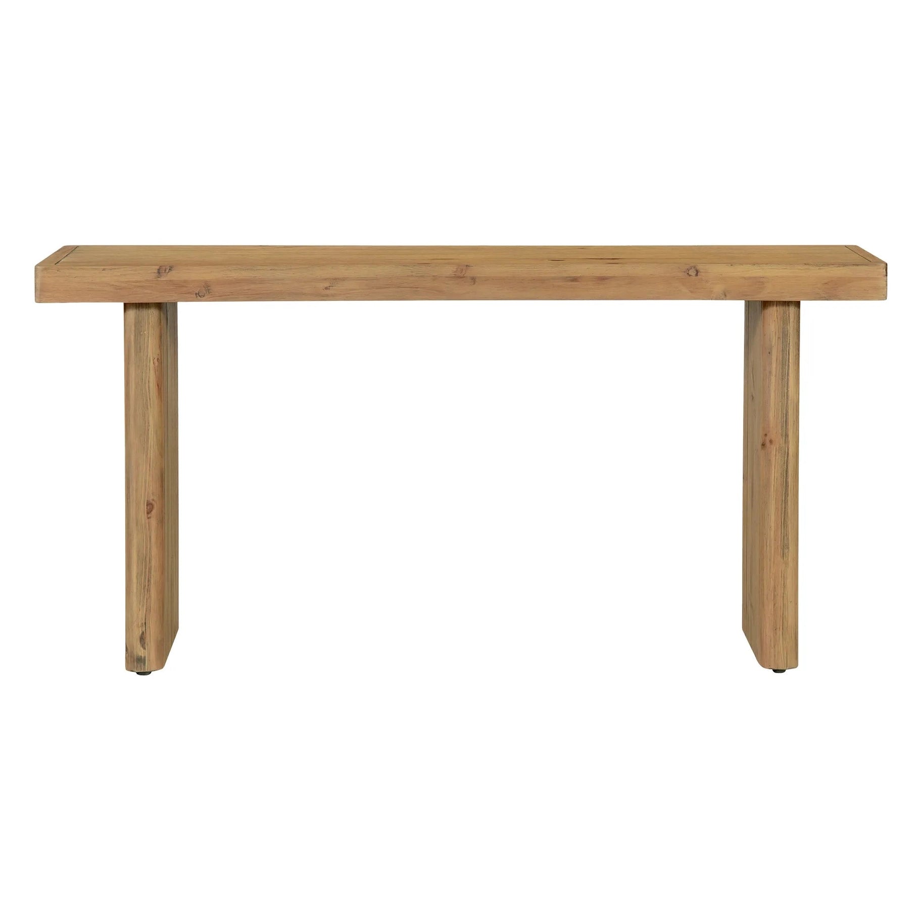 Front view of the Monterey console table in a rustic blonde finish featuring a thick solid wood tabletop and heavy block-style legs