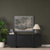 Close-up lifestyle shot of the black sideboard positioned against a dark olive wall with minimalist decorative accents