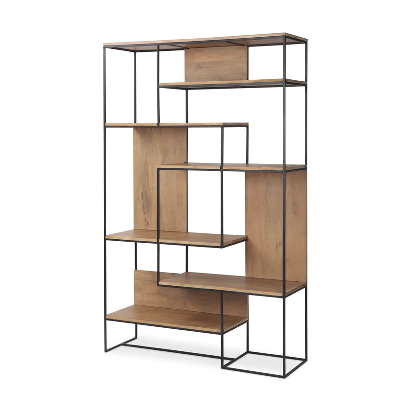Perspective view of the Morris 6-tier shelving unit featuring a black metal frame and light brown wood shelves in an asymmetrical layout