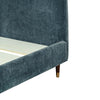 Close-up shot focusing on the high-quality teal fabric texture and the tapered wood legs with gold-toned caps