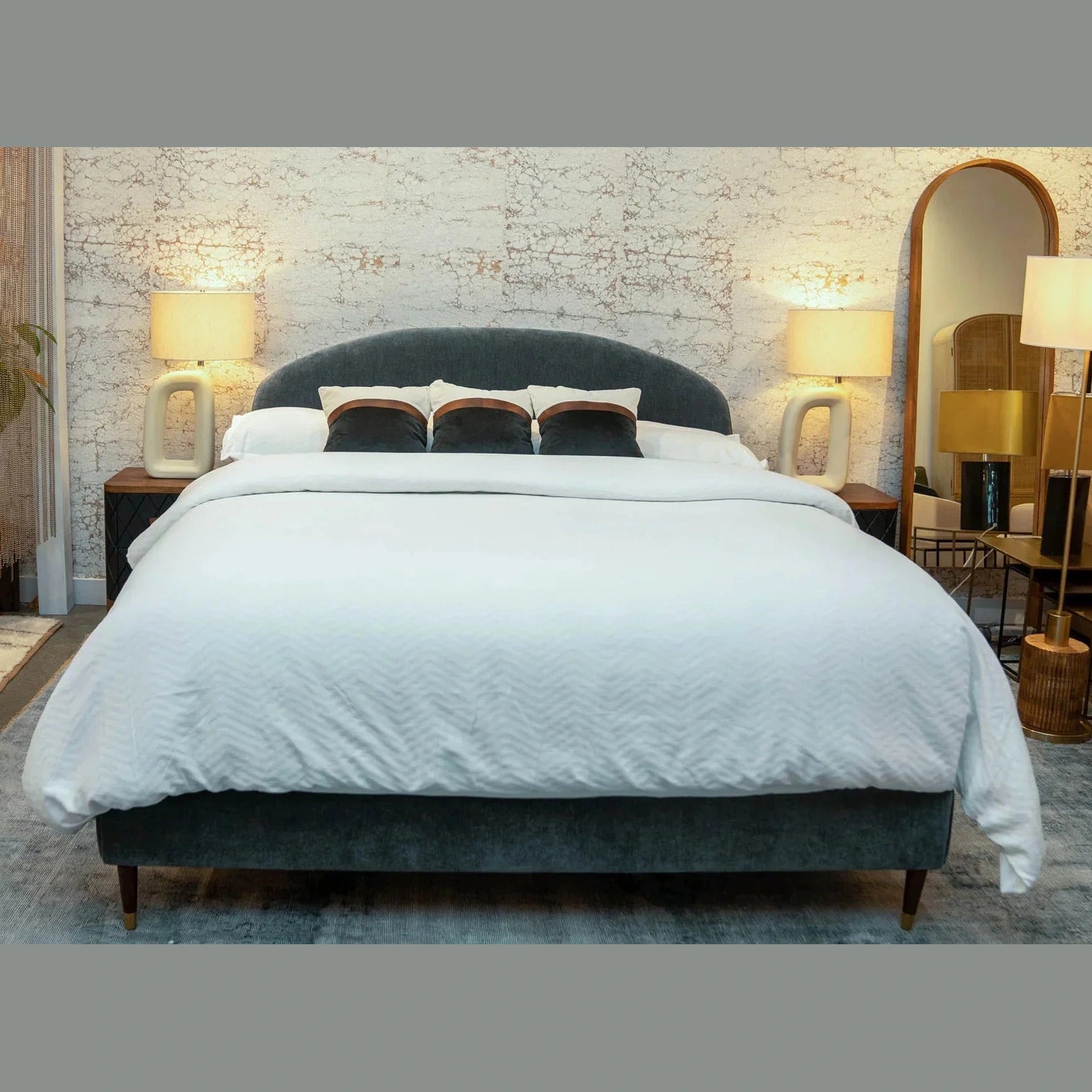 Straight-on lifestyle view of the teal upholstered bed showcasing a complete modern master bedroom arrangement