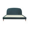 Front view of the Moxie platform bed featuring a low-profile curved headboard and rich teal textured upholstery