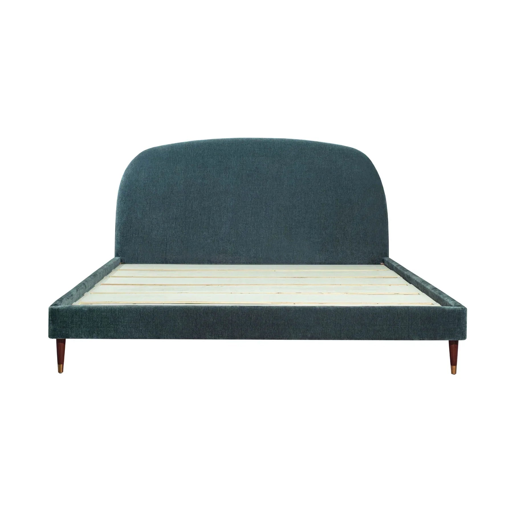 Front view of the Moxie platform bed featuring a low-profile curved headboard and rich teal textured upholstery