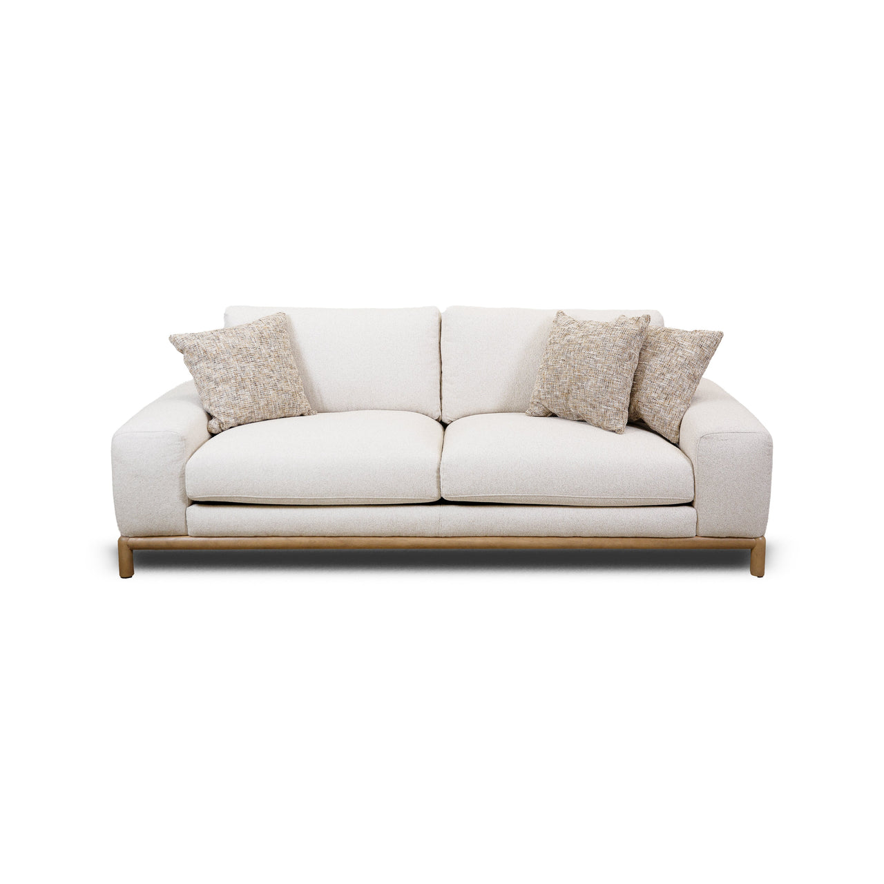Front view of Mylo 3-seater cream sofa with wood base