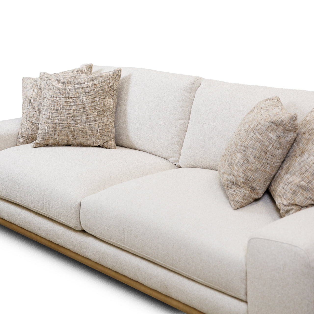 Front view of Mylo 3-seater cream sofa with wood base